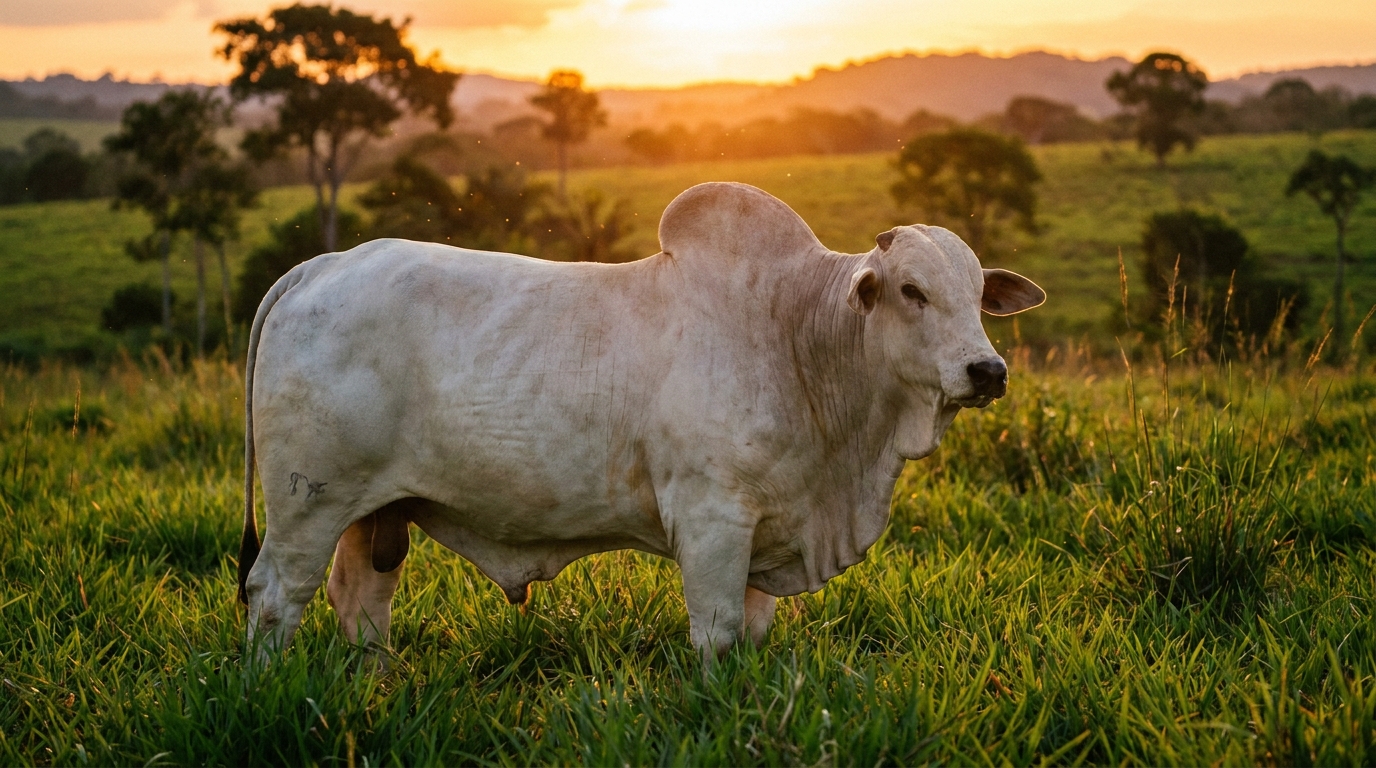 Touro Nelore em pasto ao pôr do sol na Fazenda Guadalupe